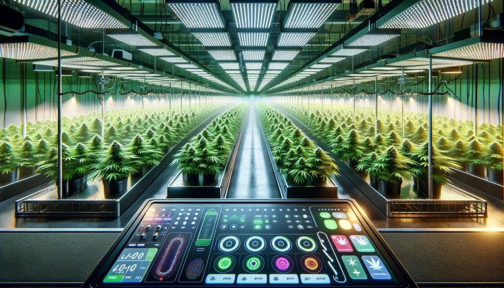 DALL·E 2024-02-05 01.55.53 - A high-tech cannabis cultivation scene, showcasing a large indoor farm with advanced domotic systems. The farm is filled with rows of lush, green cann.jpeg